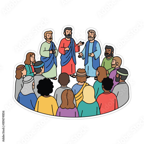A group of people in robes gathered in a circle listening