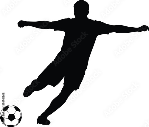 Soccer player silhouette kicking football in powerful action pose, black isolated male athlete figure showing sports energy, competition, training and goal scoring concept