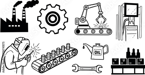 Black and white industrial icons including factory chimney smoke, conveyor belt with coins, robotic arm welding, oil can and wrench tools set