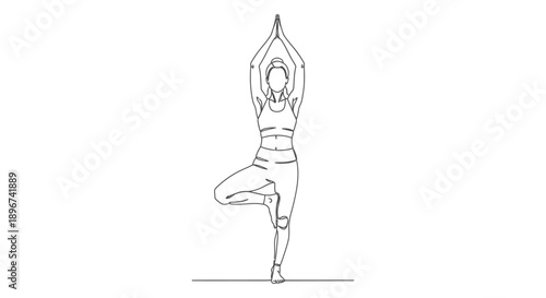a woman in yoga tree pose hands pressed above head minimalist line art illustrating balance wellness and inner peace concepts.