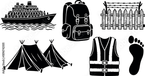 Silhouette vector icon set showing crowded ship, backpack, barbed wire fence, camp tents, life vest, footprint, migration refugee concept illustration