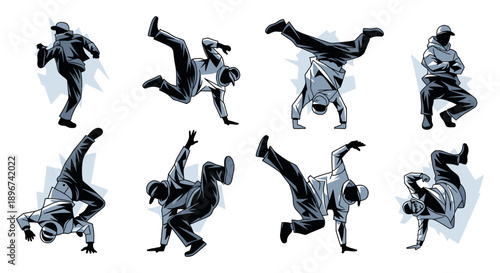 dynamic breakdancers performing hip hop dance moves in stylized monochromatic illustrations urban culture and street dance.