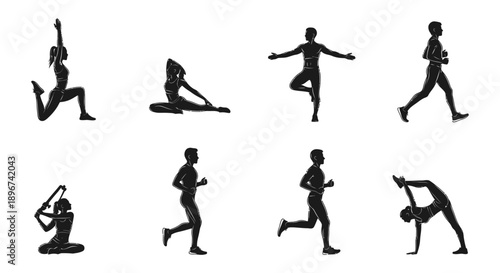 dynamic fitness silhouettes of diverse men and women performing exercises running and yoga poses illustrating active healthy lifestyles and workout concepts.