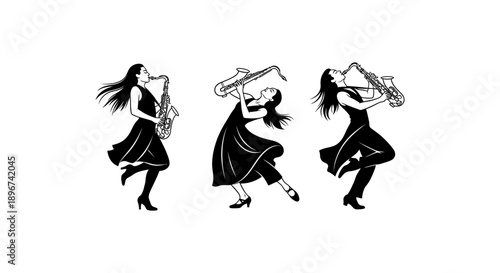 dynamic stylized female saxophone players performing jazz music conveying artistic flair and rhythmic energy great for creative projects.