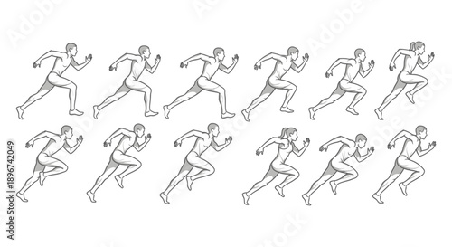 dynamic sequence of male and female runners sprinting illustrating athletic motion speed and fitness perfect for sports training and animation.