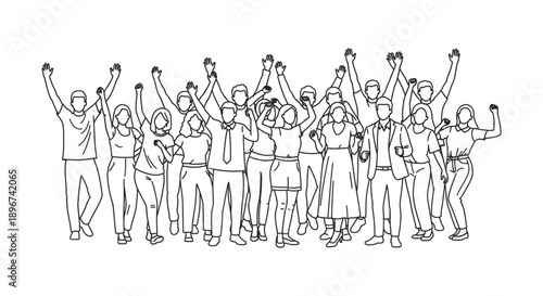 enthusiastic diverse crowd of people raising hands in celebration and protest symbolizing unity collective power and social activism.