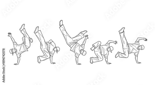 five stylized breakdance b-boy dancers performing dynamic power moves and freezes on a clean white background showcasing urban hip hop.