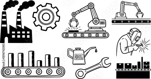 Line art icons of robotic arm welding on conveyor with factory smokestacks oil can wrench gear close up industrial