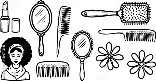 Hand drawn line art close up of afro woman and vintage mirrors combs brushes and lipstick arranged on white background flat illustration