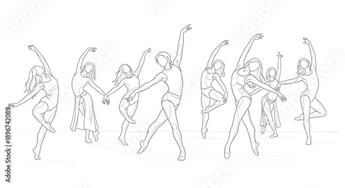 graceful female ballet dancers performing expressive movements in elegant poses illustrating artistic fluidity and modern minimalist line art