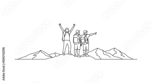 hikers on mountain peak celebrating achievement with raised arms one pointing to view symbolizing outdoor exploration and teamwork.