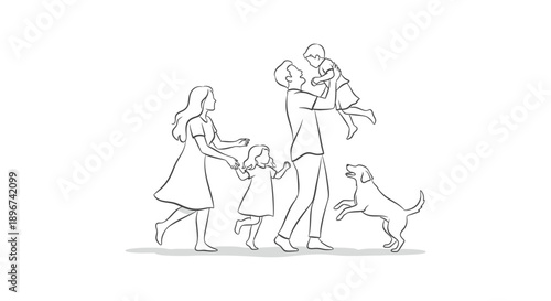 happy family parents two children and pet dog walking and playing outdoors depicting joy love and an active lifestyle.