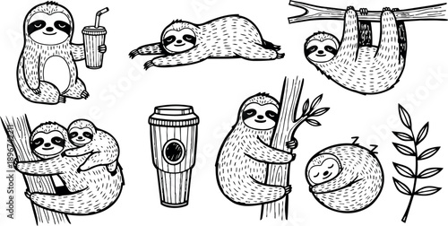 Hand drawn black and white line art sloths drinking, sleeping, climbing trees and cuddling in various poses