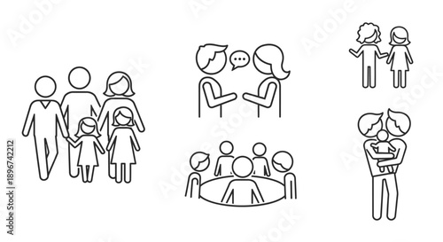 people line art icons illustrating diverse family structures communication and community interactions ideal for social issues and relationship graphics