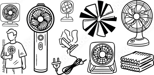 Line art drawings of multiple handheld and tabletop fans with cords plugs folded towels and person holding fan front view
