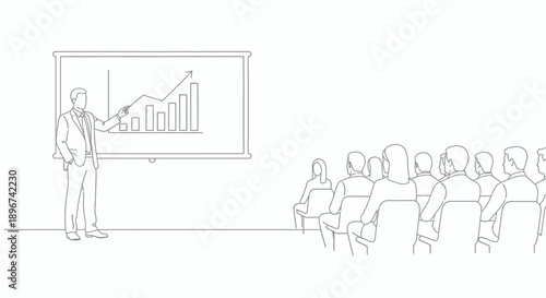professional speaker presents a growth chart to an attentive business audience in a corporate seminar illustrating market analysis and business strategy.