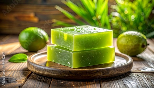 Green lime soap bar on wooden plate with fresh limes