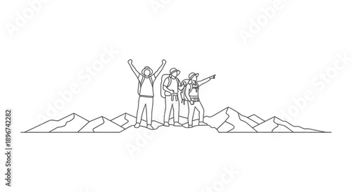 three hikers celebrating success on a mountain peak pointing to the landscape symbolizing achievement teamwork outdoor adventure.