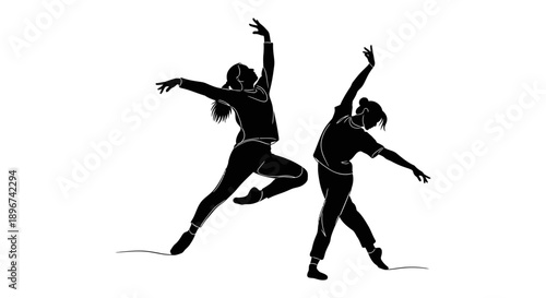 two female dancers gracefully performing a dynamic contemporary dance showcasing artistic expression and powerful movement on a clean white background