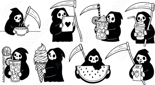 Black and white cute grim reaper character eating various food and drinks including ice cream and watermelon cute cartoon style