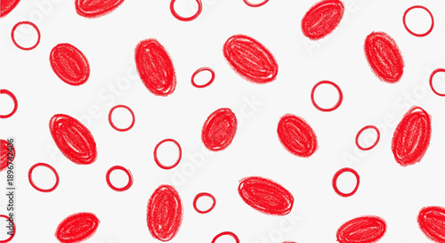 abstract pattern of hand-drawn red blood cells and circles on white background ideal for medical biological and scientific themed designs.