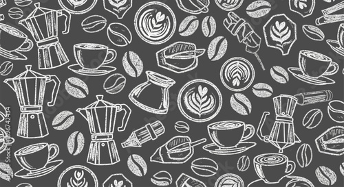 chalk coffee pattern seamless background with moka pots cups and beans on dark ideal for cafe branding menu and kitchen decor.