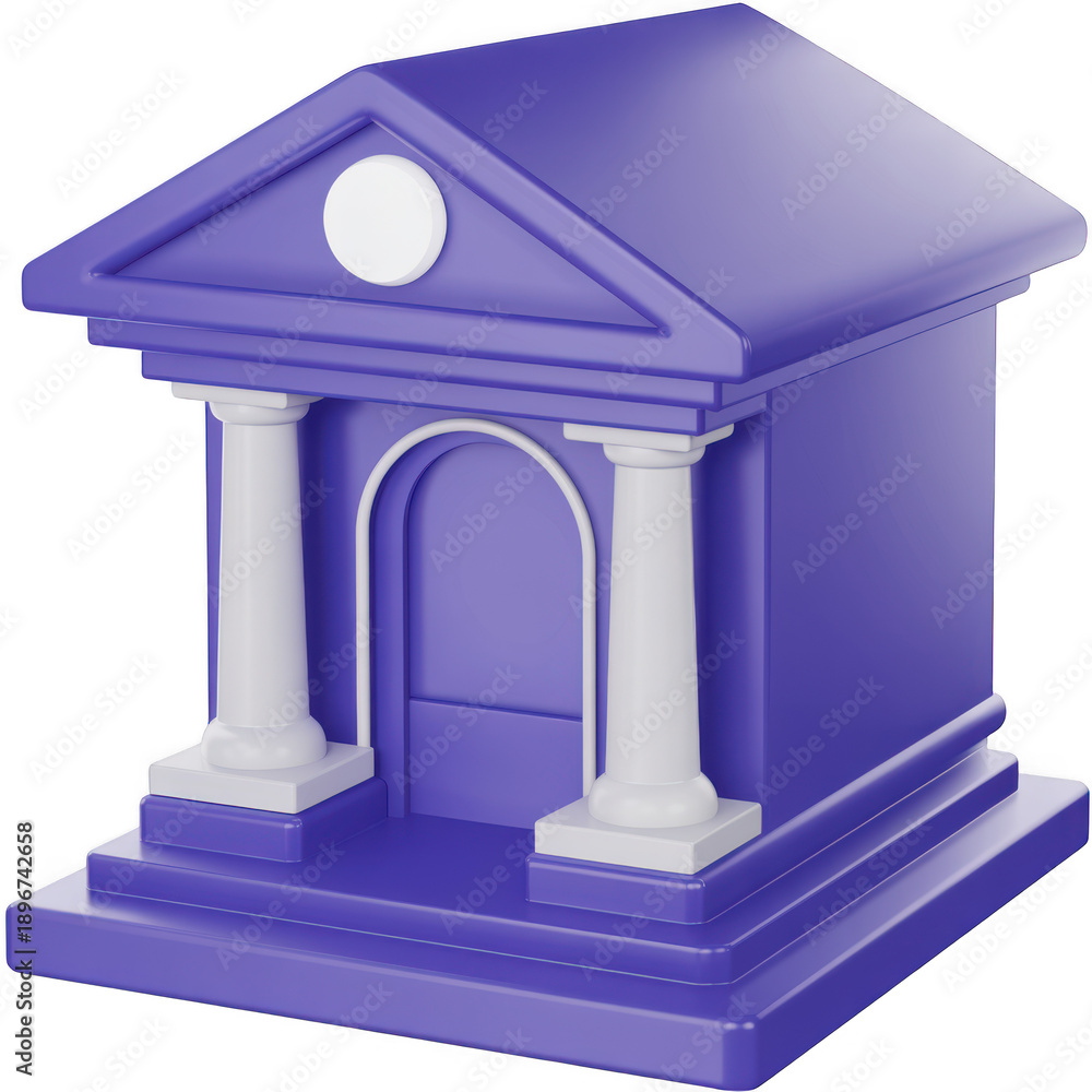 Obraz premium 3d render of a stylized purple bank building with classical columns isolated on transparent background