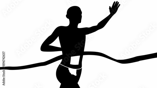 Marathon runner in triathlon swimsuit crosses finish line