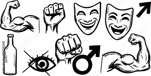 Black and white sketch of muscular arms, clenched fists, comedy masks, male gender symbols, crossed out eye and bottle icons line art
