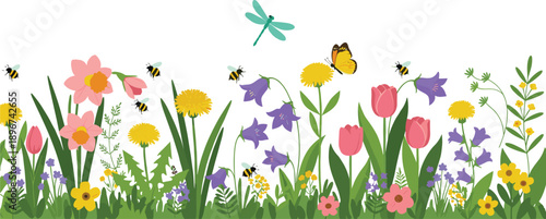 Colorful Spring Wildflower Meadow Vector Illustration with Blooming Flowers, Grass, Bees, and Dragonfly for Nature Backgrounds, Seasonal Design, and Decorative Graphics