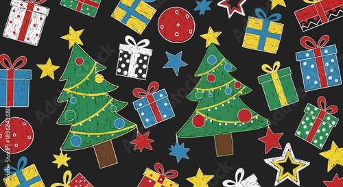 festive christmas chalkboard background featuring hand-drawn evergreen trees colorful gifts and decorative stars ideal for seasonal holiday designs.