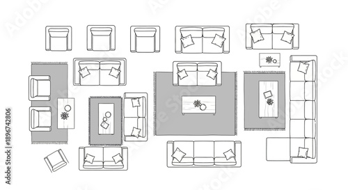 modern minimalist living room furniture layouts overhead view featuring sofas chairs coffee tables and rugs for design planning.