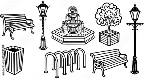 Black and white line art city park elements with benches lamp posts water fountain tree and bike rack set