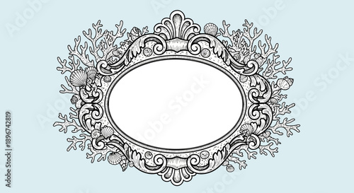 ornate oval frame with intricate coral and seashells a vintage hand-drawn marine illustration perfect for elegant nautical branding designs
