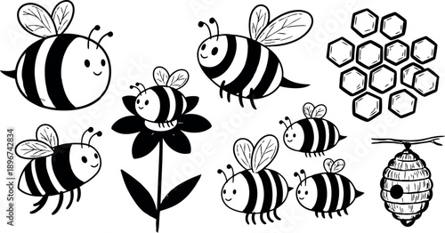 Cute cartoon bees flying around flower with smiling faces and honeycomb hive in simple black and white line art