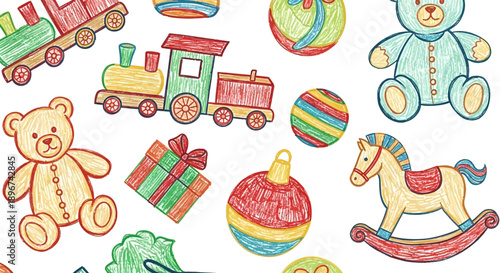 playful crayon-drawn seamless pattern of colorful classic childrens toys and festive christmas elements on white perfect for holiday backgrounds and kids designs.