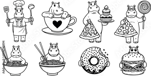 Black and white humorous hippo chef holding kitchen utensils with hippos eating noodles pizza cupcakes donut and burger