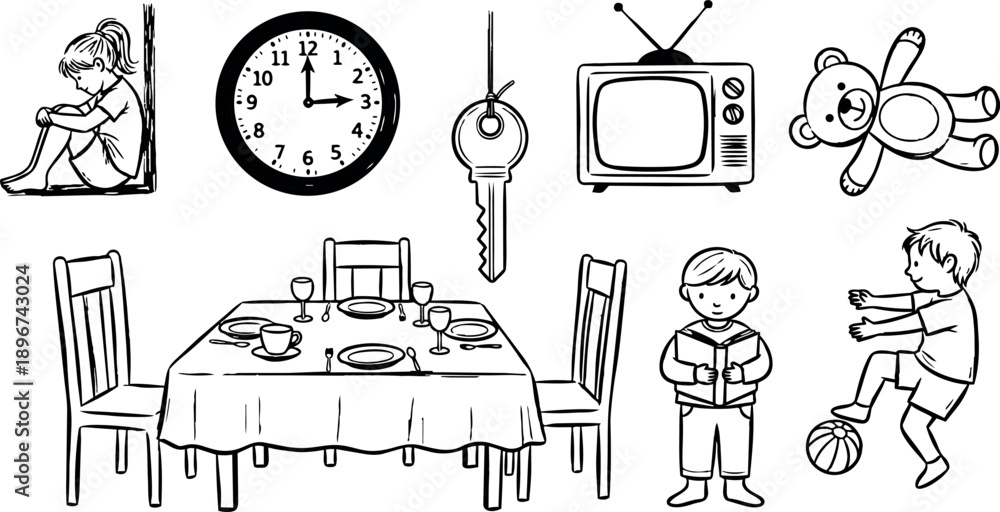 Fototapeta premium Black and white line art showing sad girl sitting in corner clock tv teddy bear dining table with dishes boy reading and playing with ball