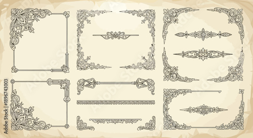 vintage ornamental borders set featuring decorative frames elegant scrollwork corner elements and classic page dividers for graphic design.