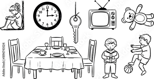 Black and white line art showing sad girl sitting in corner clock tv teddy bear dining table with dishes boy reading and playing with ball