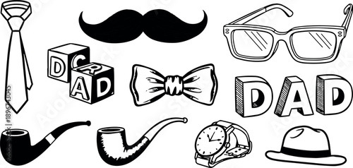 Hand drawn vintage style collection of dad themed icons including mustache, glasses, bow tie, tie, watch, pipes, fedora hat and letter blocks