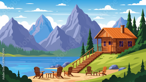 Vector illustration of a serene cabin by the lake with mountains in the background