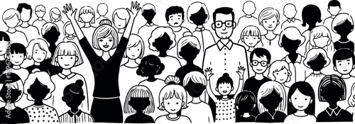 Black and white graphic design of diverse crowd with happy woman raising arms smiling among various people standing and facing forward