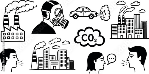 Line art illustration of gas mask and industrial smokestacks with car exhaust and carbon dioxide cloud showing air pollution warning