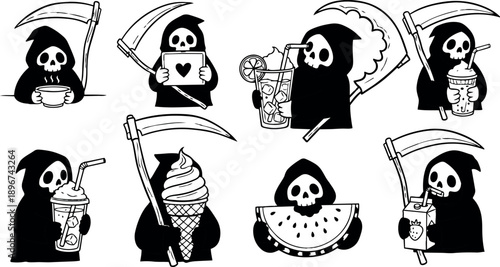 Tattoo flash cute grim reaper character set holding scythe and sipping drinks eating ice cream and watermelon in line art