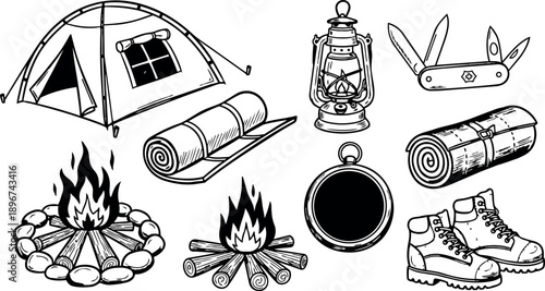 Black and white line art camping equipment including tent, campfire, lantern, boots, compass, sleeping bags, and pocket knife illustration