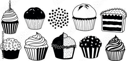 Black and white cupcake and cake icon set with frosting sprinkles and candle graphic design elements illustration