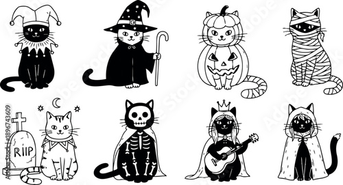 Black and white line art halloween cats in costumes including jester wizard pumpkin mummy skeleton princess and cloaked cat designs