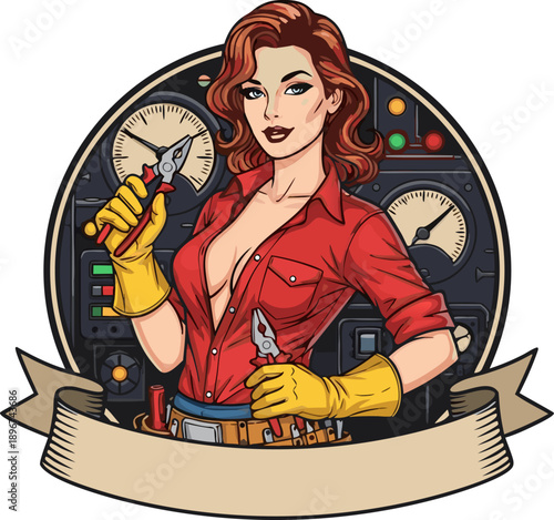 Vector illustration of a confident female electrician holding tools in front of machinery controls
