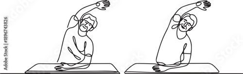 Continuous one line drawing a pair of grandparents are doing arm stretches on a fitness mate. Anti cramp movements. one line Art icon drawing vector
